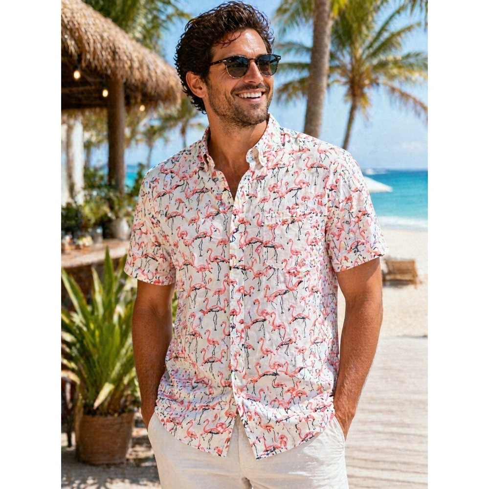 Crown & Ivy XXL Flamingo Print Button Down Shirt Men's Classic Fit Cotton Stretc